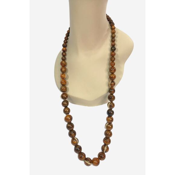 Bill Blass Brown Lucite Necklace Vintage Moon Glow Graduated Beaded Long Strand - Picture 1 of 11